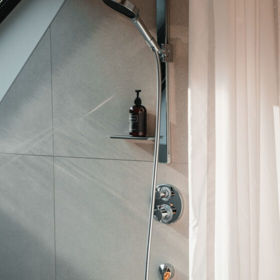 Moderner Duschbereich mit Handbrause, Wasserhahn und Seifenspender in Badezimmer.