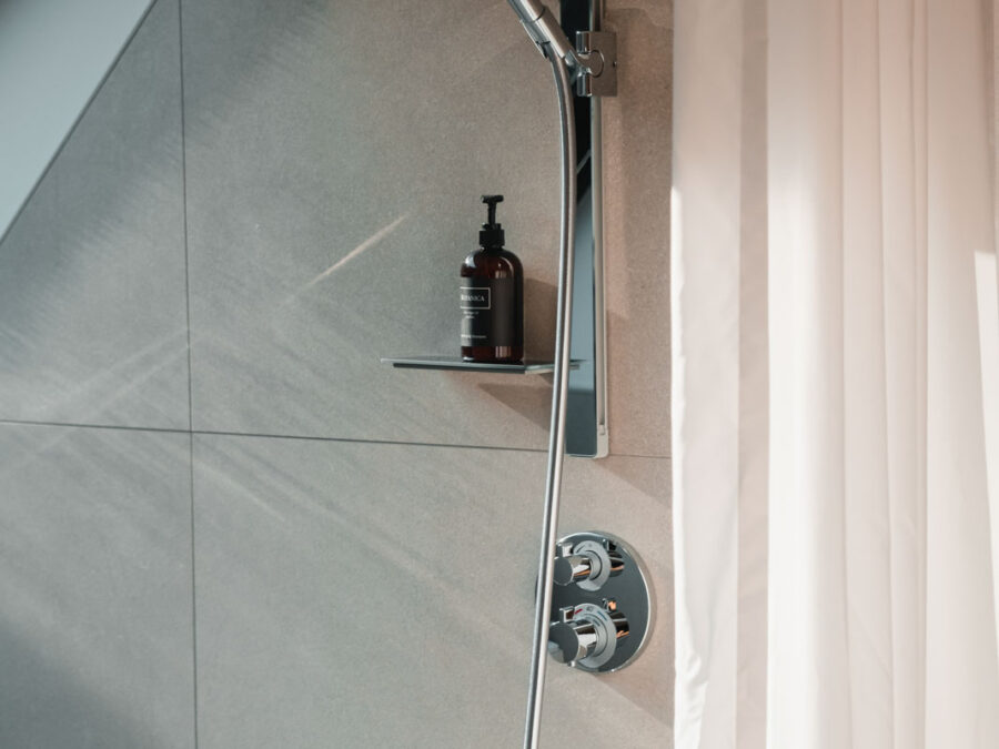 Moderner Duschbereich mit Handbrause, Wasserhahn und Seifenspender in Badezimmer.