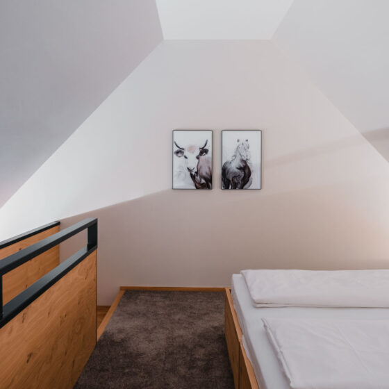 Modernes Schlafzimmer mit Wanddekoration: Zwei Tierporträts über dem Bett.