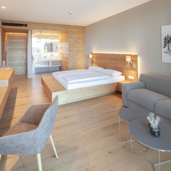 Modernes Hotelzimmer mit Doppelbett, Sofa und Blick auf Bad im Glas.