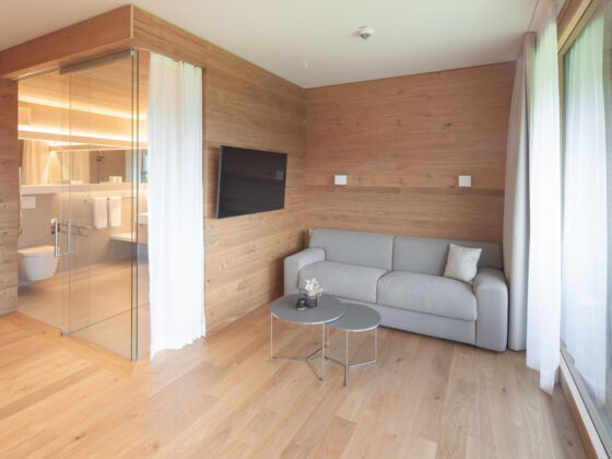 Moderner Hotelzimmerbereich mit Sofa, TV und Blick ins Badezimmer mit Glaswand.