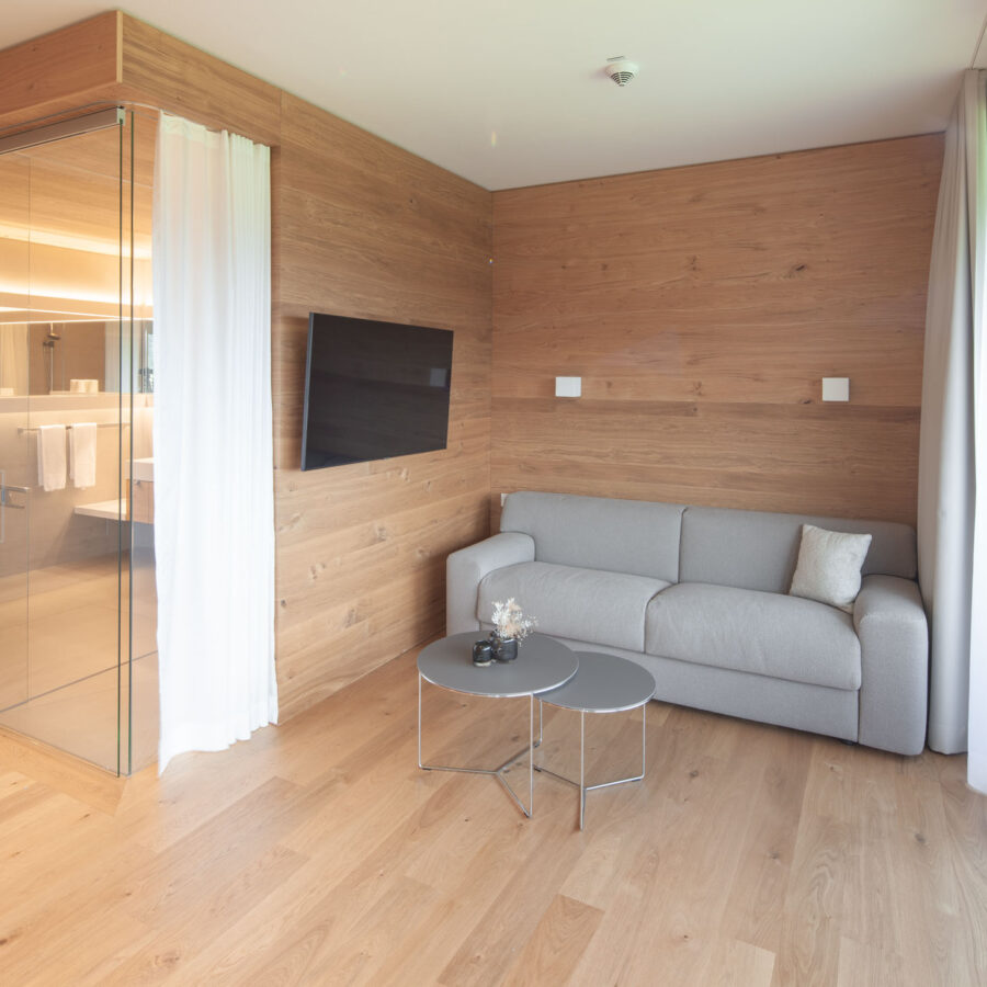 Moderner Hotelzimmerbereich mit Sofa, TV und Blick ins Badezimmer mit Glaswand.
