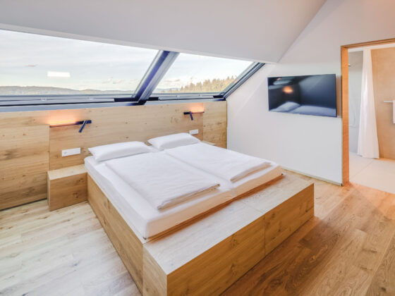 Modernes Hotelzimmer mit Holzdekor, Doppelbett und Dachfenster mit Aussicht.
