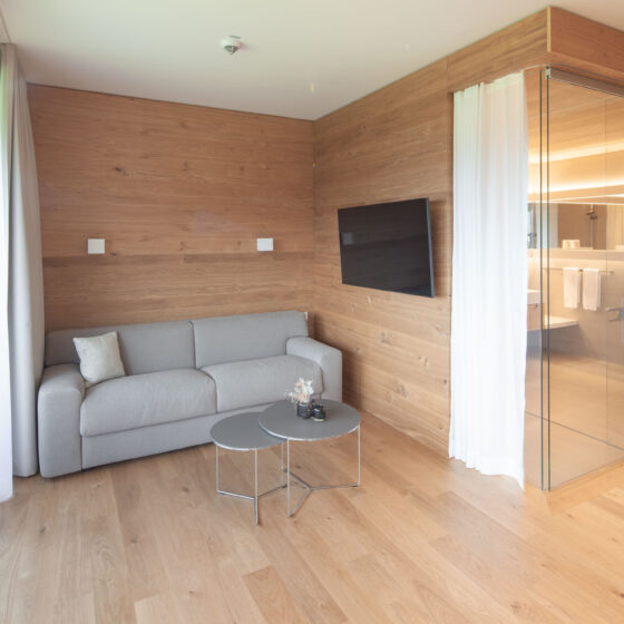 Moderner Hotelzimmerbereich mit Sofa, Holzdekor und separatem Bad mit Glasabtrennung.