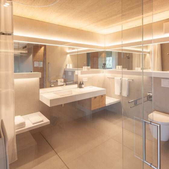 Modernes Badezimmer mit Glaswand, Doppelwaschbecken und WC.