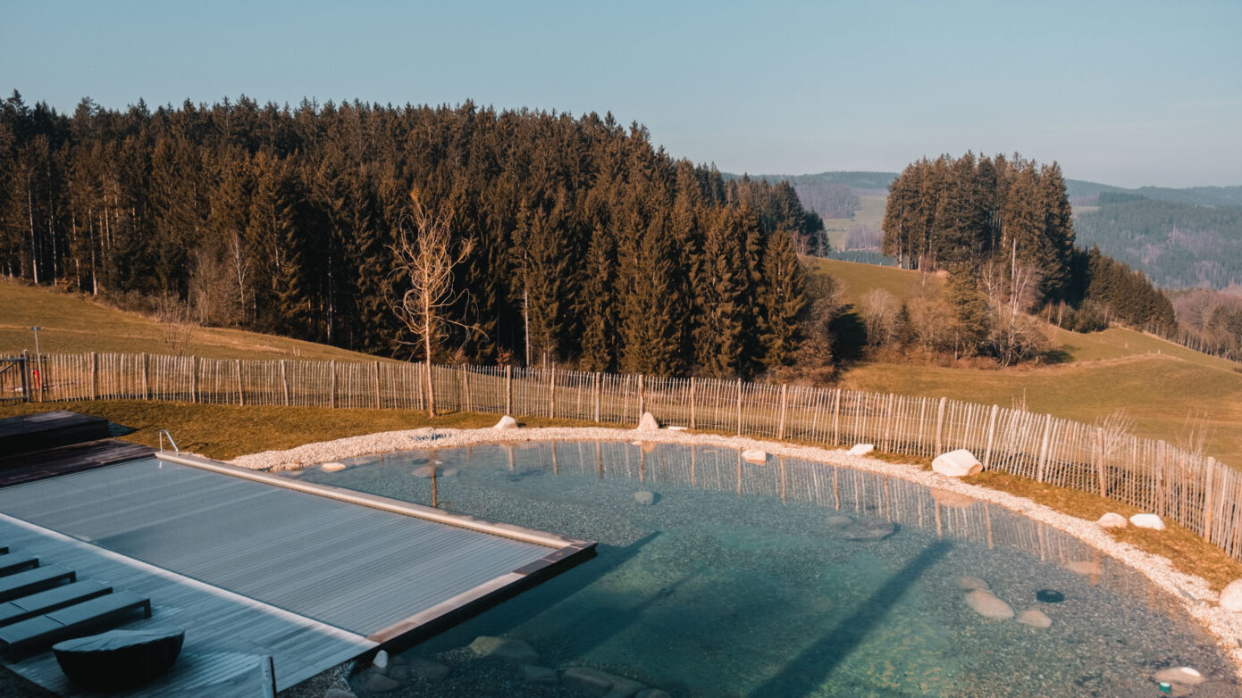Hallenbad im Garten mit Blick auf Wald und Hügel, sonniges Wetter, Naturidylle.