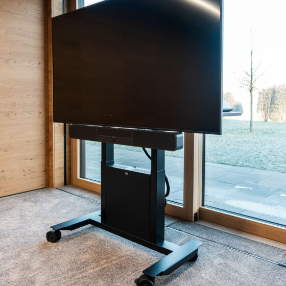 Großer schwarzer Fernseher auf mobilem Rollständer vor Fenster in modernem Raum.