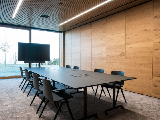 Moderner Konferenzraum mit großem Bildschirm, Holz-Wand und Blick nach draußen.