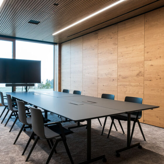 Moderner Konferenzraum mit großem Bildschirm, Holz-Wand und Blick nach draußen.