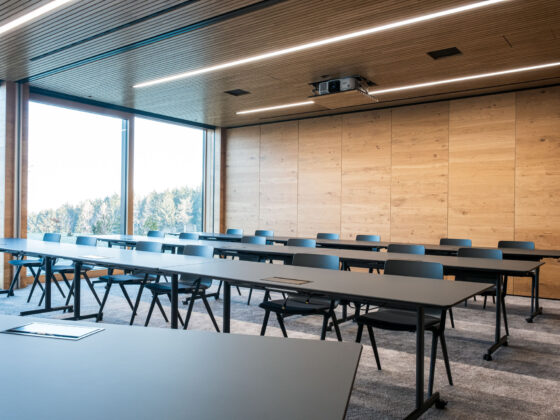 Moderne, leere Konferenzraum mit Holzdecke und großen Fenstern, ideal für Meetings.