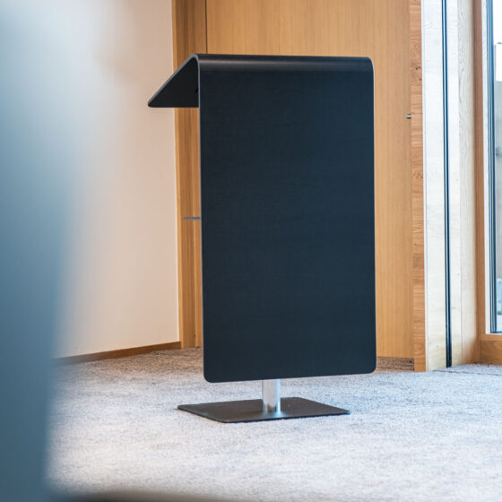 Moderne schwarze Absorberbox im Büro neben Holz-Wand und Glasfront.