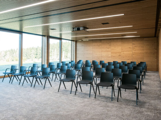 Moderne Konferenzraum mit schwarzen Stühlen, großen Fenstern und Holzdecke.